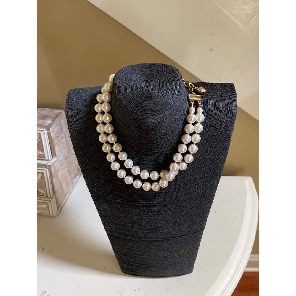 Vintage Carolee 2 Strand Faux Baroque Pearl Chunky Choker Necklace Hook Clasp